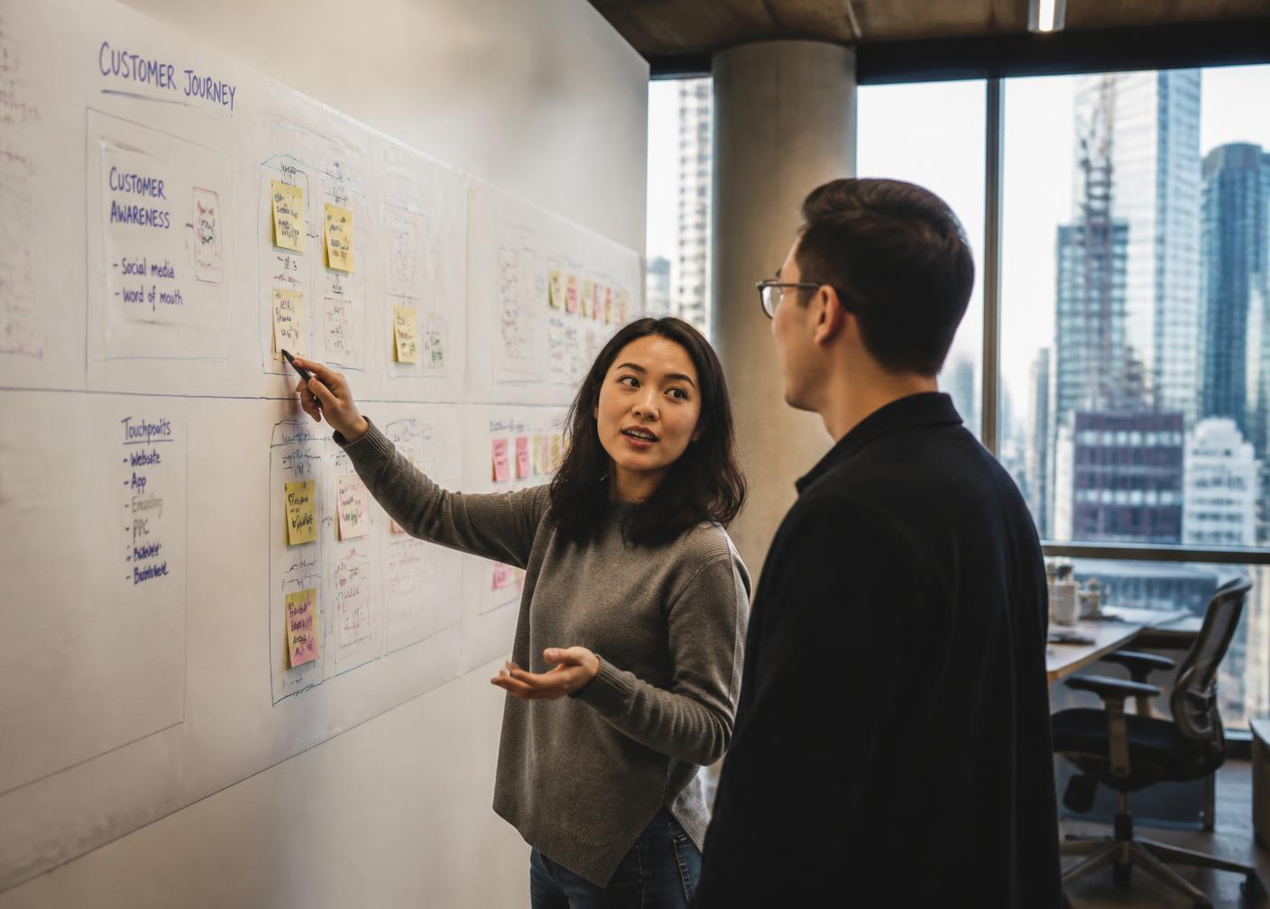 Two consultants mapping a customer journey on a whiteboard above a city skyline